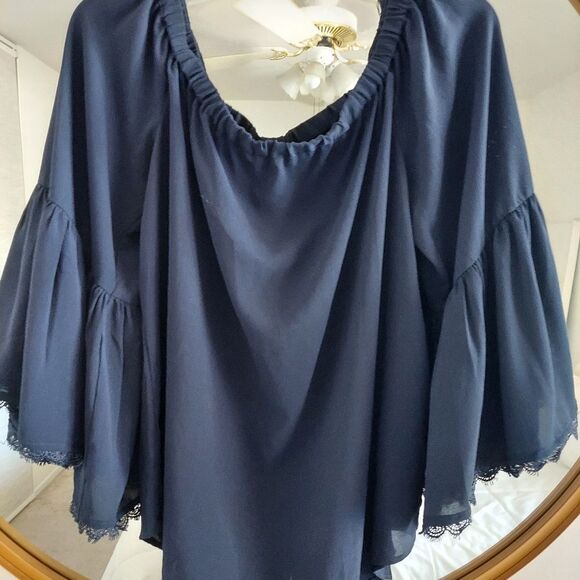Jealous Tomatoe 0ff- Shoulder Button Down Flare Sleeves Blouse Navy Sz S #0239 - Picture 1 of 5